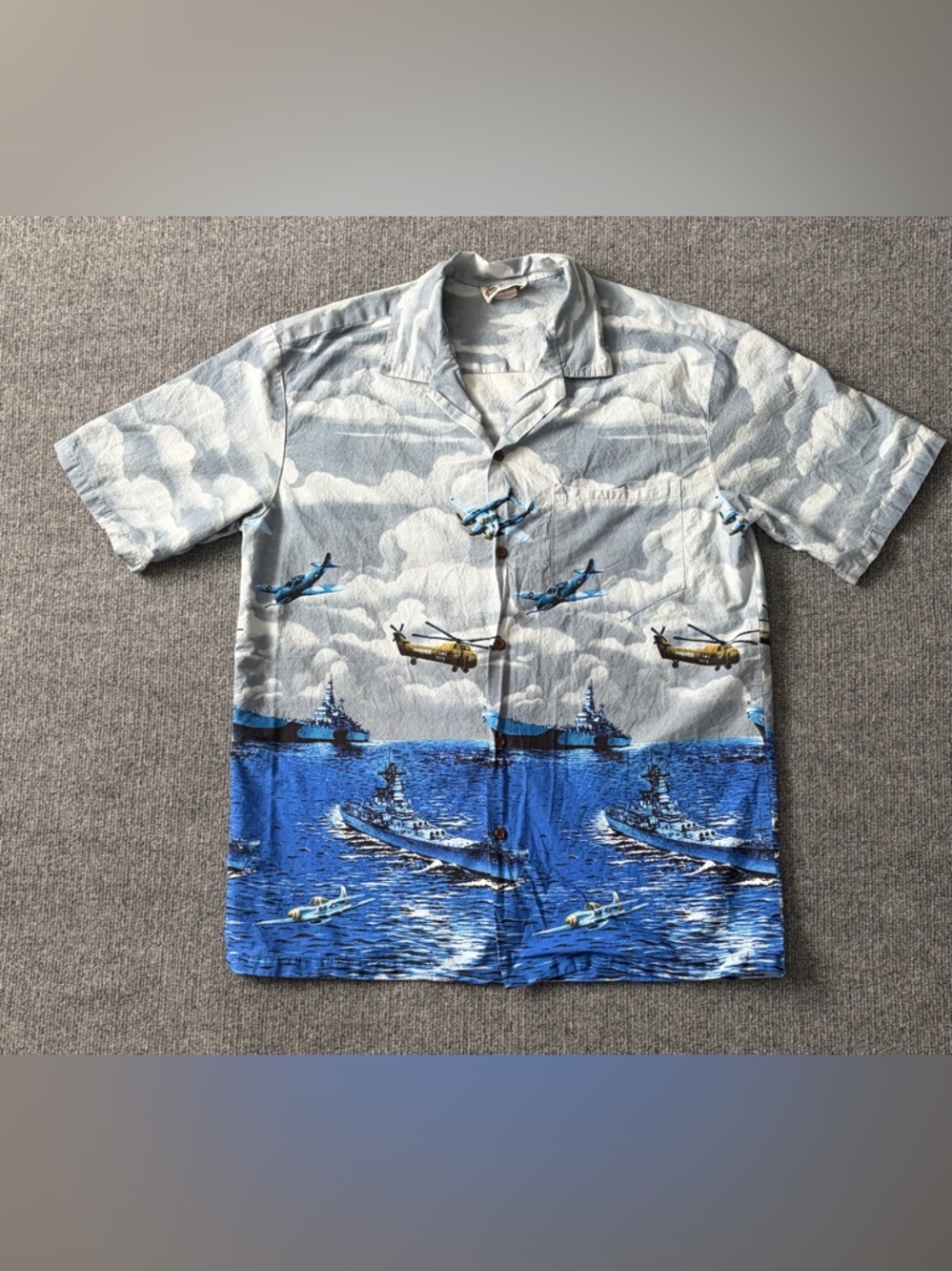 Aloha Republic Hawaiian Shirt Mens Large Blue Battleship Plane Print Made USA